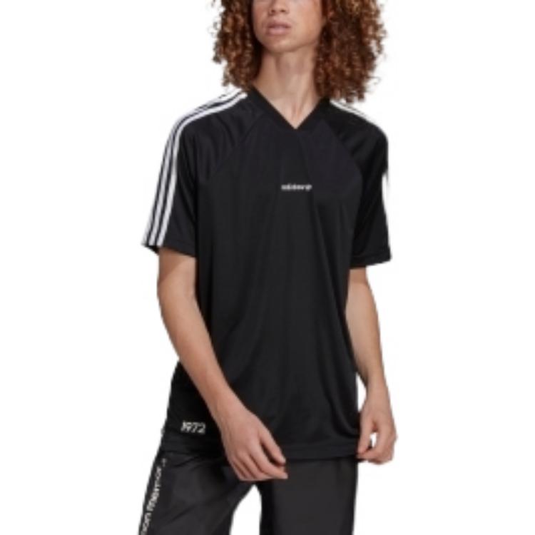 Men's adidas Stripe Logo Embroidered V Neck Pullover Short Sleeve Black T-Shirt HC7168