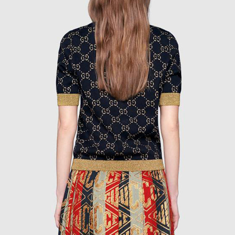 (WMNS) Gucci GG Cotton Silk Short Sleeve Top Shirt NavyBlue 526759-X9W83-4921