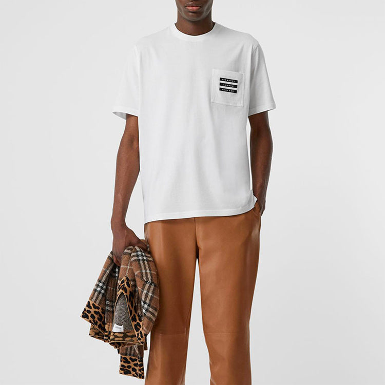 Men's Burberry Tape Print Pocket Printing Short Sleeve White 80218431