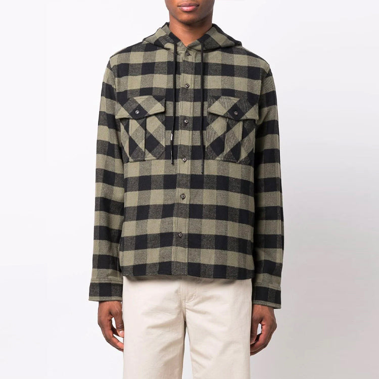 Off-White FW21 Arrow Pattern Logo Printing Plaid hooded Long Sleeves Shirt Version Green OMGA125F21FAB0011001