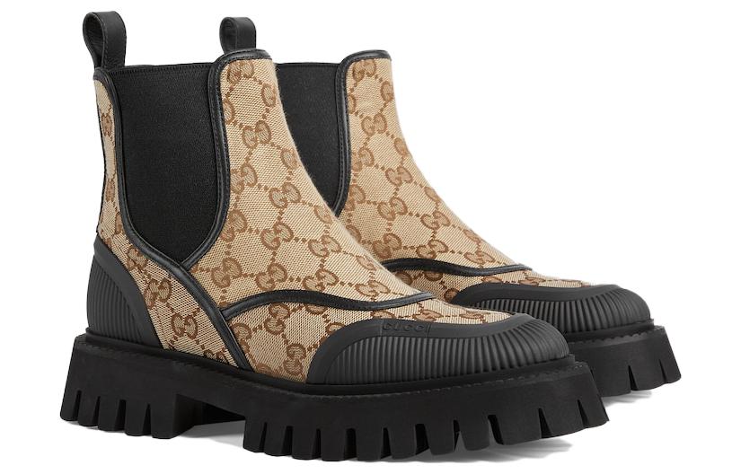 (WMNS) Gucci Casual Style Leather Logo Boots 'Beige Black' 751711-FABSQ-9751