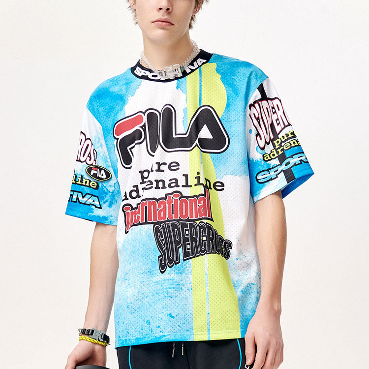 Men's FILA FUSION Full Print Alphabet Pattern Loose Knit Short Sleeve Blue T-Shirt T11M123105F-RB