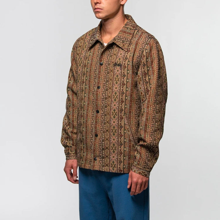 Men's Stussy Tapestry Classic Coach Jacket Chest Embroidered Logo Brown 115549