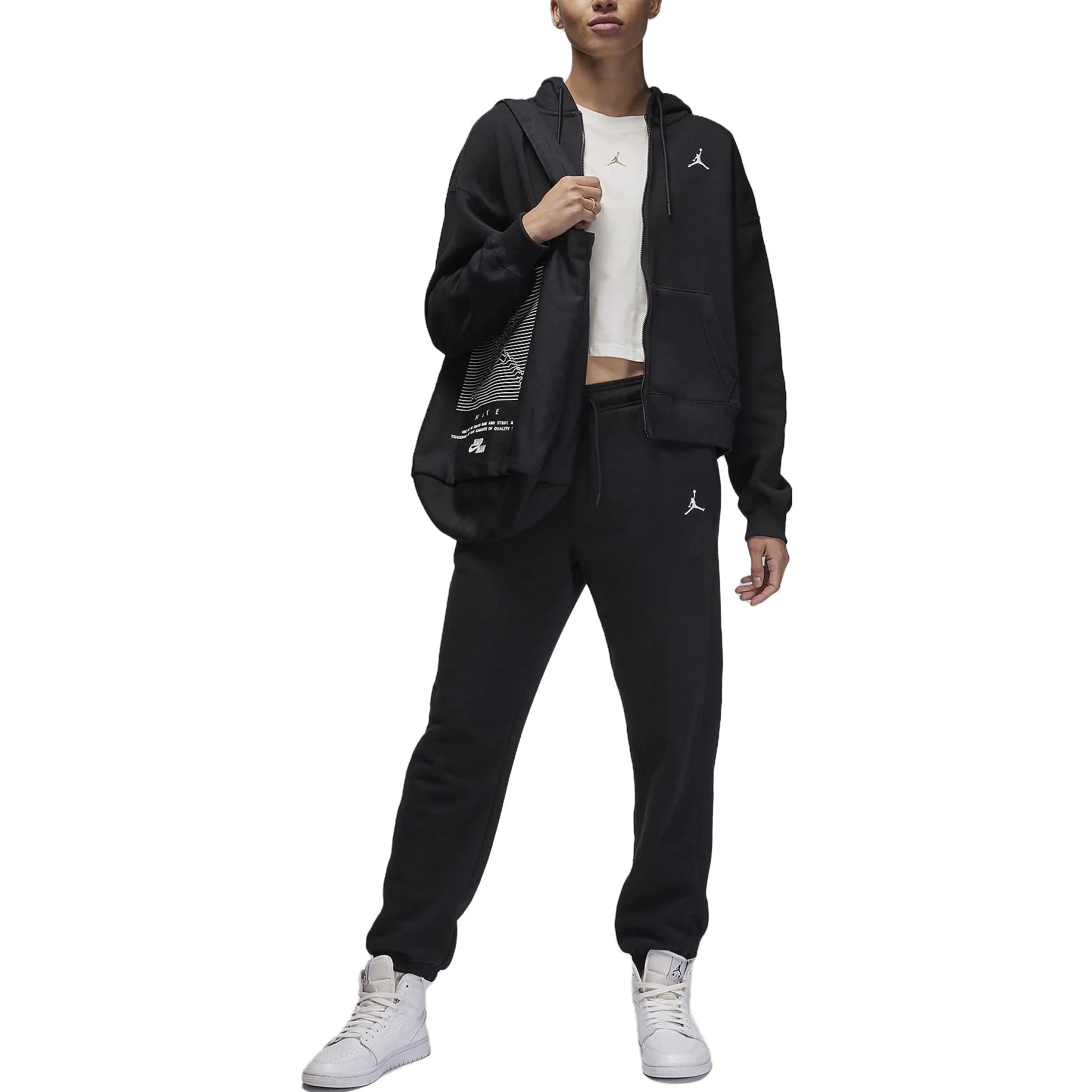 (WMNS) Air Jordan Brooklyn Fleece Full-Zip Hoodie 'Black White' FD7865-010