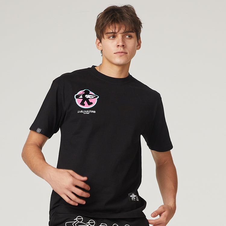 PJ's Vigor Multi-Color Embroidered Contrasting Colors Short Sleeve Couple Style Black 20SSTS10322-P
