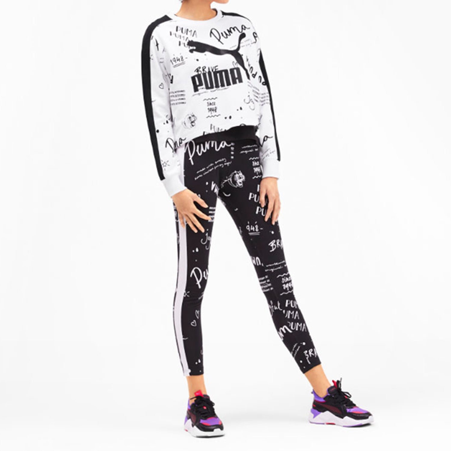 (WMNS) PUMA Classics Logo Crew Aop Knit White 595214-52