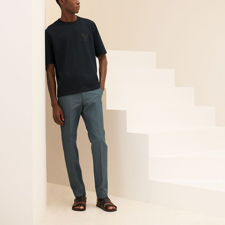 Men's HERMES SS21 Hello Mr Farrier Small Logo Round Neck Cotton Short Sleeve Ocean Blue H157830HA01