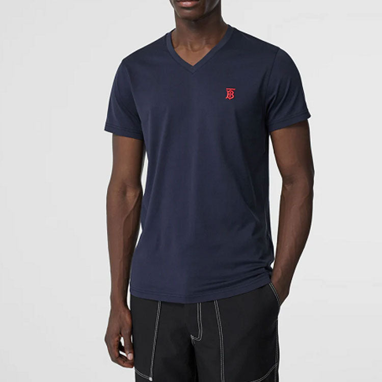Men's Burberry Pattern V neck Cotton Short Sleeve Dark Blue 80172561