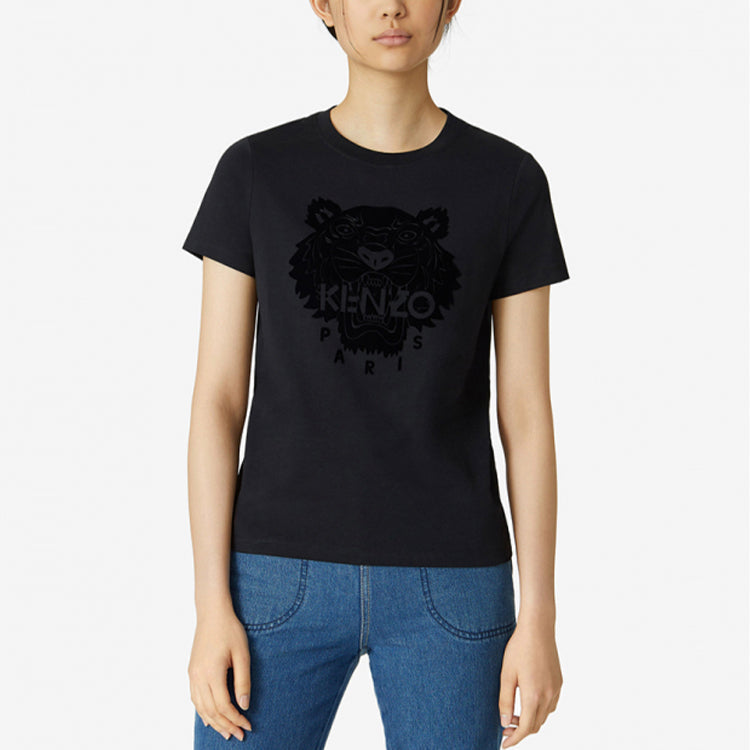 KENZO Tiger Head Printing Velvet Round Neck Short Sleeve Black FA62TS8464YJ-99