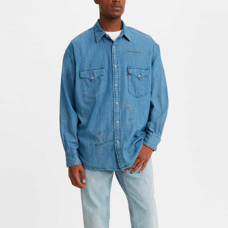 Men's Levis Irregular Embroidered Pattern Lapel Denim Long Sleeves Blue Shirt 85470-0003