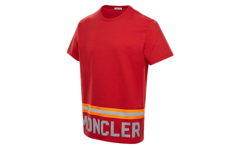 Men's Moncler Stripe Alphabet Logo Printing Short Sleeve Red 0918C739208390T455