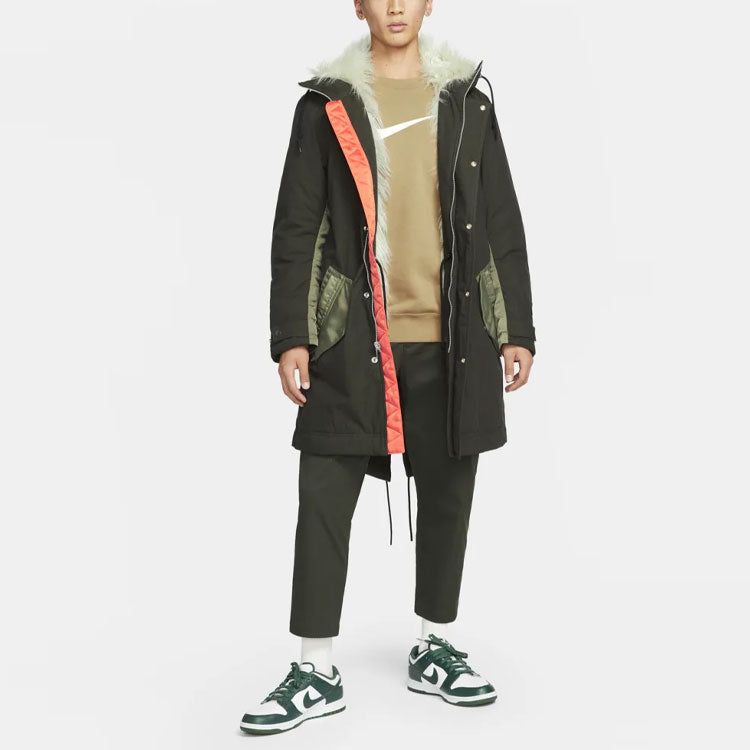 Men's Nike Sportswear Therma-Fit White Space Back Large Logo Printing Colorblock Mid-Length Hooded Jacket Green DD6776-355