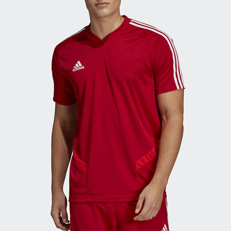adidas Solid Color Logo Printing V neck Short Sleeve Red D95944