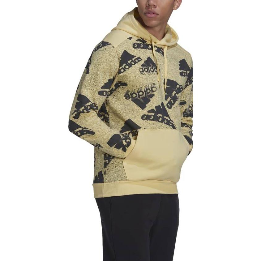 Men's adidas Logo Full Print Pullover Drawstring Hooded Long Sleeves Yellow HK0367