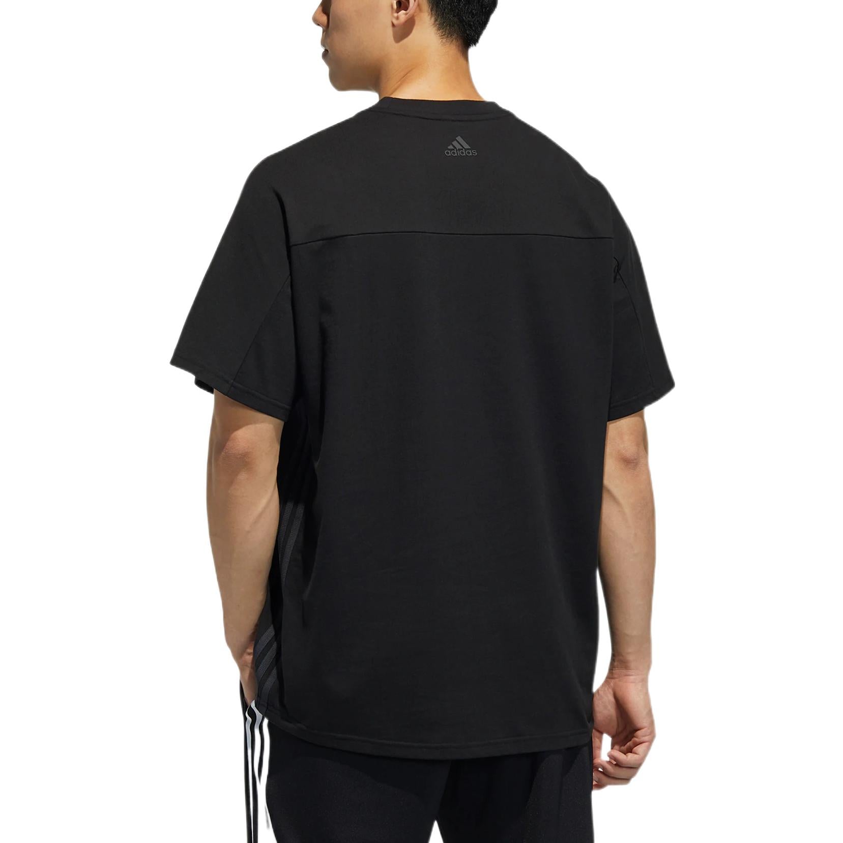 adidas Brand Logo Solid Color Stripe Breathable Short Sleeve Black HA3637