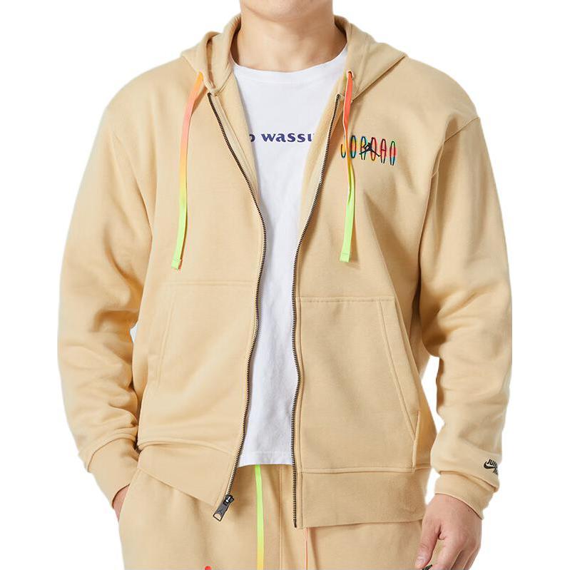 Men's Nike Printing Alphabet Zipper Hooded Running Fitness Training Jacket Khaki DQ7565-252