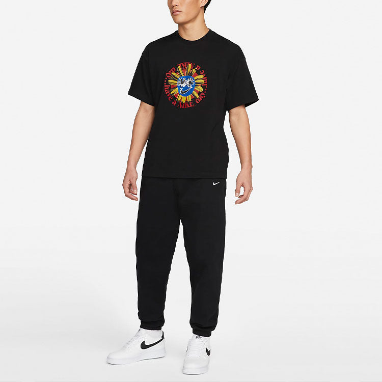 Men's Nike Smile Flower Logo Pattern Printing Round Neck Short Sleeve Black T-Shirt DV0683-010