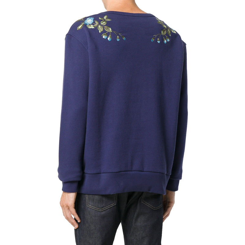 Men's Gucci CAT Pattern Embroidered Round Neck Pullover Long Sleeves Blue 475373-X9B11-4944