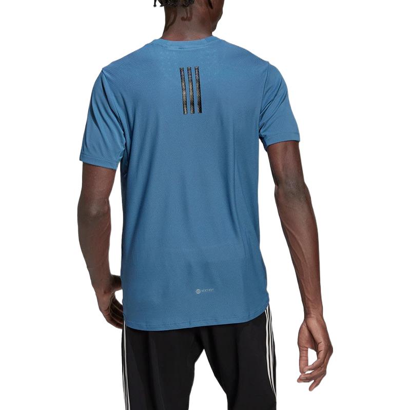 Men's adidas Stripe Logo Sports Training Round Neck Short Sleeve Navy Blue T-Shirt HU0112