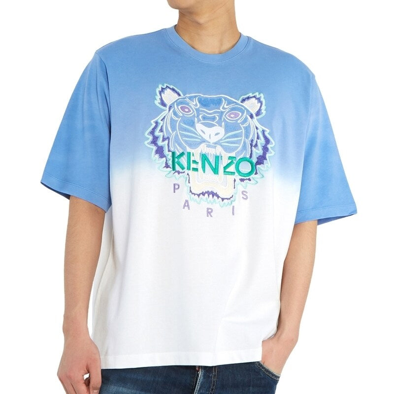 Men's KENZO Gradient Embroidered Round Neck Short Sleeve Blue White FA55TS5014YG-65