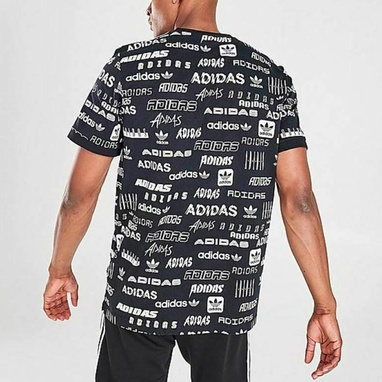 Men's adidas originals Sticl-aopt Logo Full Print Round Neck Pullover Sports Short Sleeve Black T-Shirt GK9708