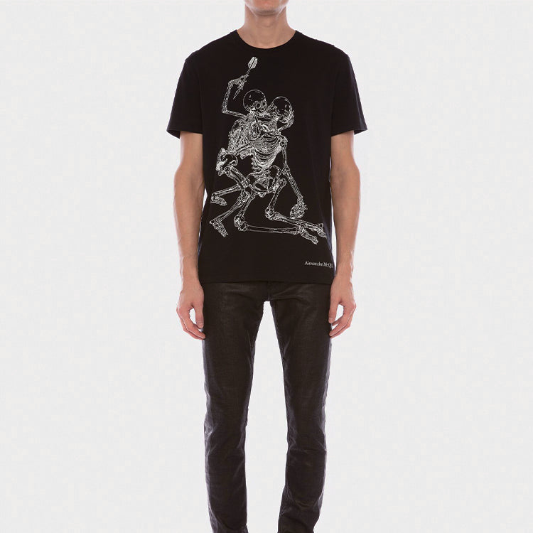 Men's Alexander McQueen Lovers Skeleton Round Neck Short Sleeve Black 624170QPZ600901