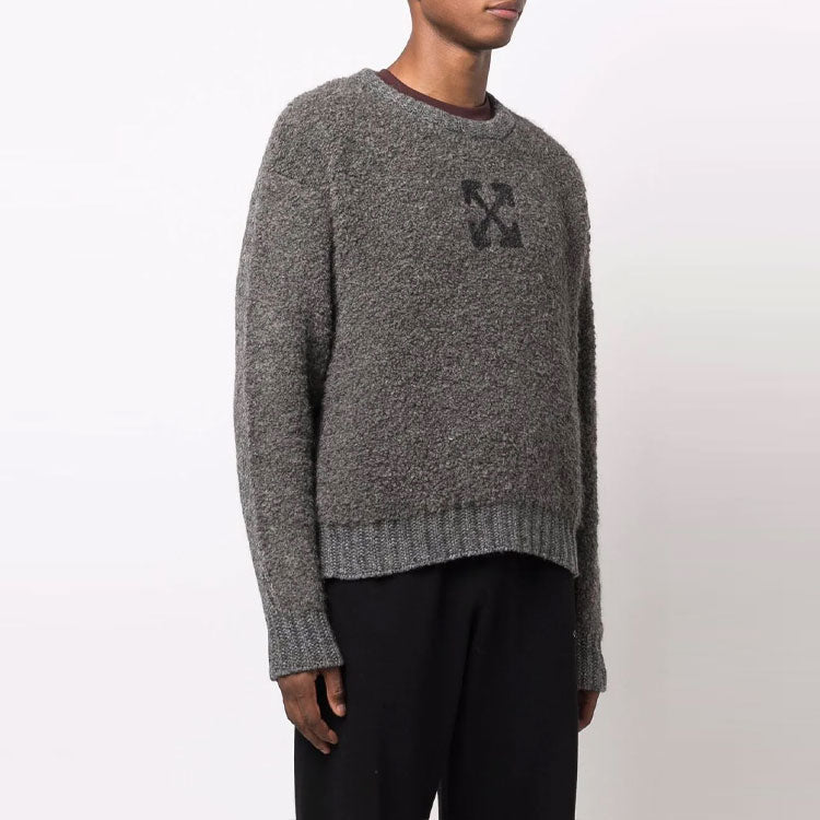 Men's Off-White Arrow Pattern Logo Jacquard Solid Color Wool Sweater Gray OMHE103F21KNI0010909