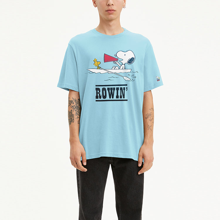Men's Levis  Peanuts Crossover Cartoon Printing Short Sleeve Pullover Short Sleeve Blue 86275-0013