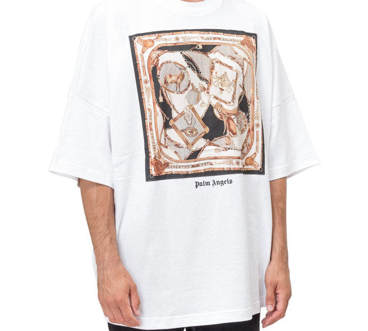 Men's PALM ANGELS Printing Short Sleeve Large Loose White PMAA033F194130280188
