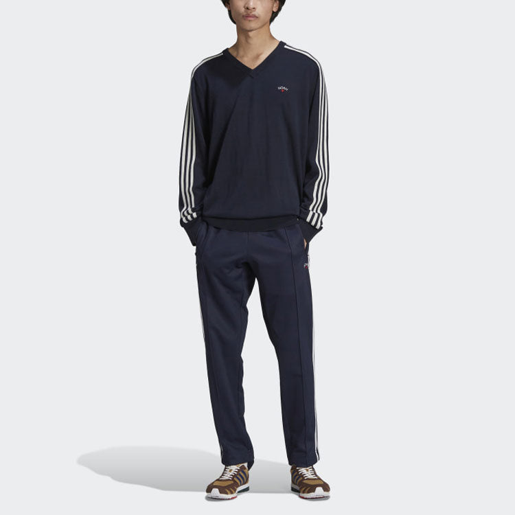 Men's adidas originals x NOAH Crossover V-neck Embroidered Logo Side Stripe V Neck Wool Sweater Legendary Ink Blue HC4303