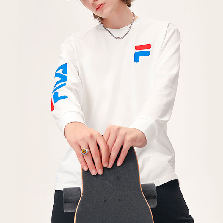 FILA FUSION Logo Printing Knit Loose Sports Round Neck Long Sleeves Couple Style White T11U156204F-WT