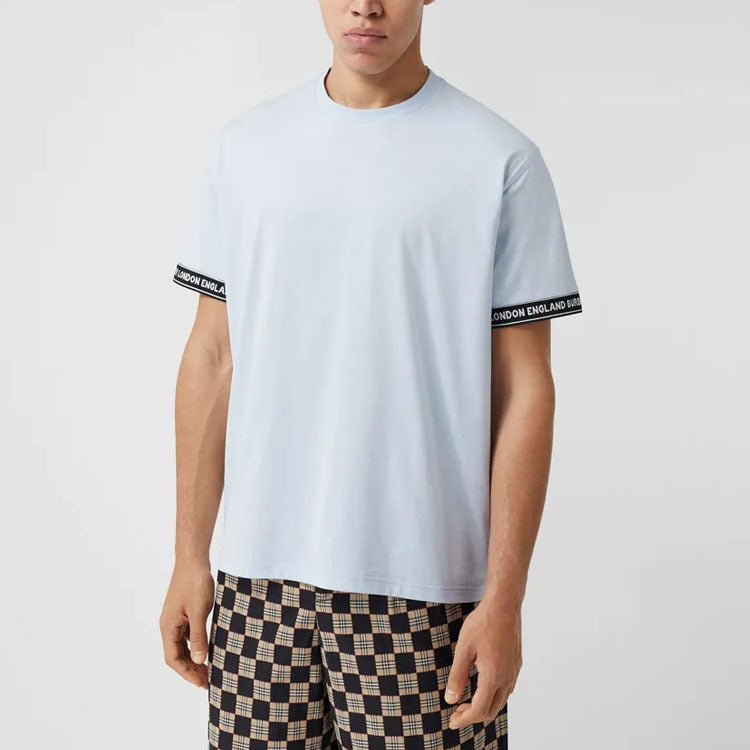 Men's Burberry FW20 Logo Cotton Loose Version Round Neck Short Sleeve Light Blue 80294491