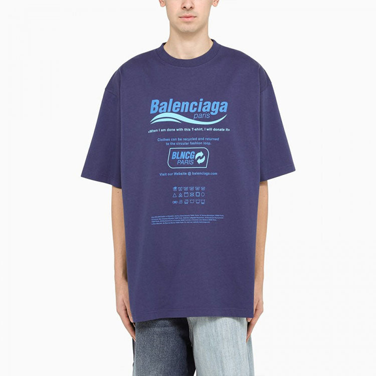 Men's Balenciaga FW21 Dry Cleaning Alphabet Printing Retro Knit Short Sleeve Navy Blue 651795TKVF83866