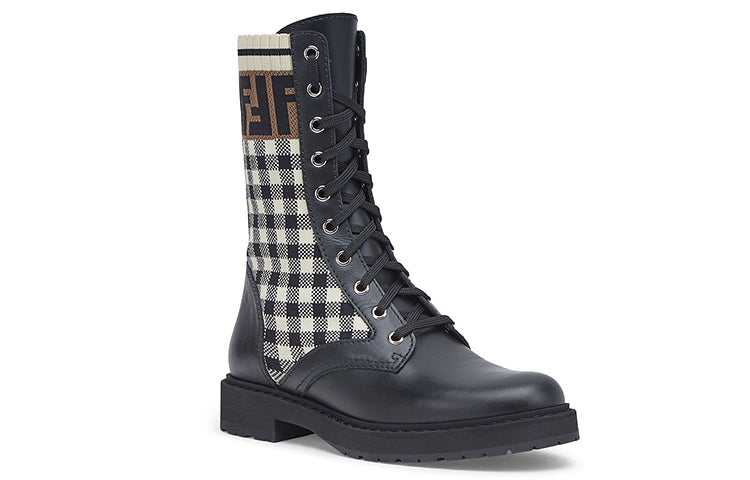 (WMNS) FENDI Black leather biker boots with stretch fabric 'Black White' 8T6780AD7AF1BPG
