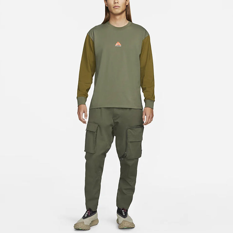 Men's Nike Round Neck Pullover Colorblock Long Sleeves Green T-Shirt DO9682-222