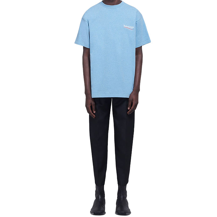 Men's Balenciaga Political Campaign Printing Version Round Neck Short Sleeve Blue 570803TBV425840