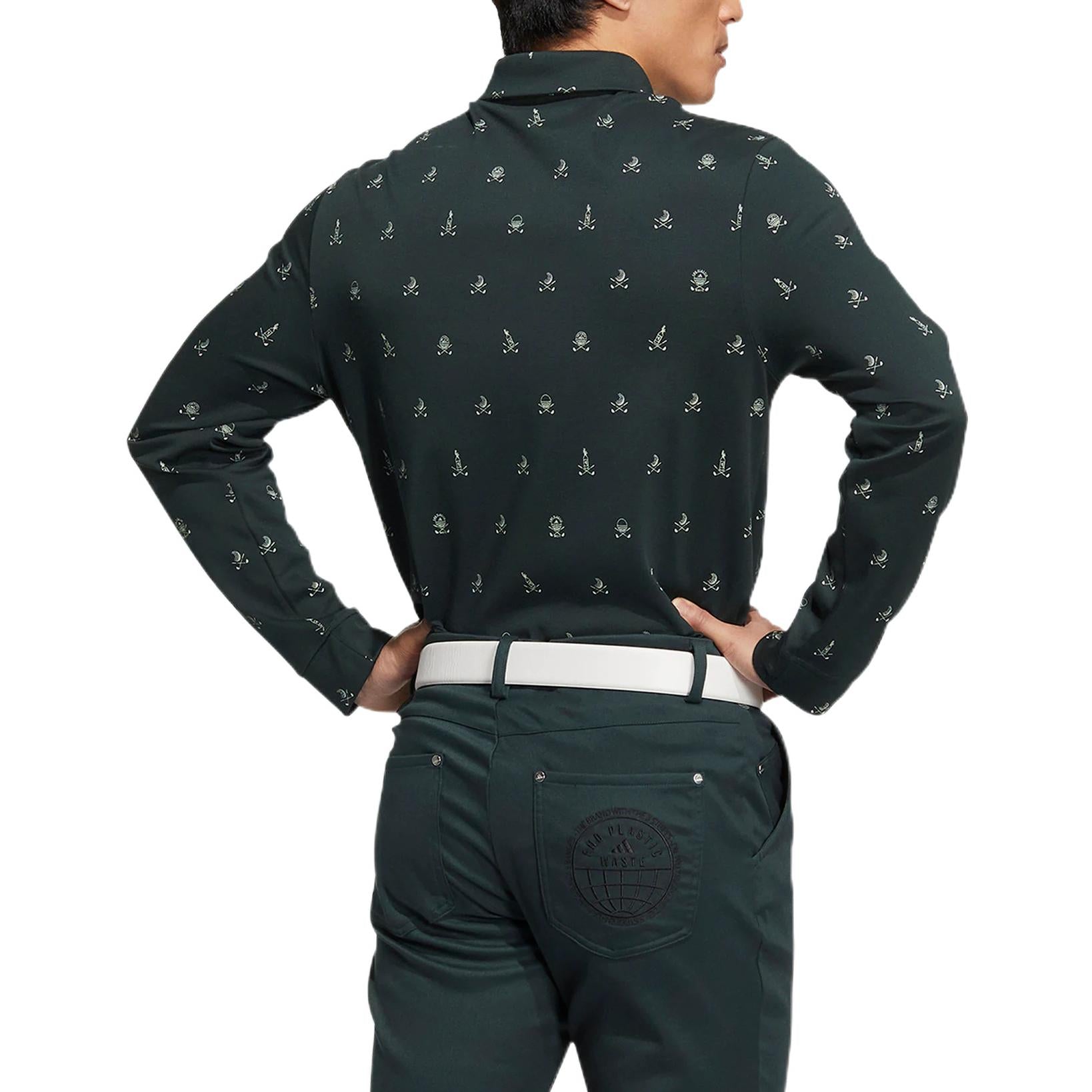 Men's adidas Full Print Pattern Lapel Long Sleeves Green Polo Shirt HG5788