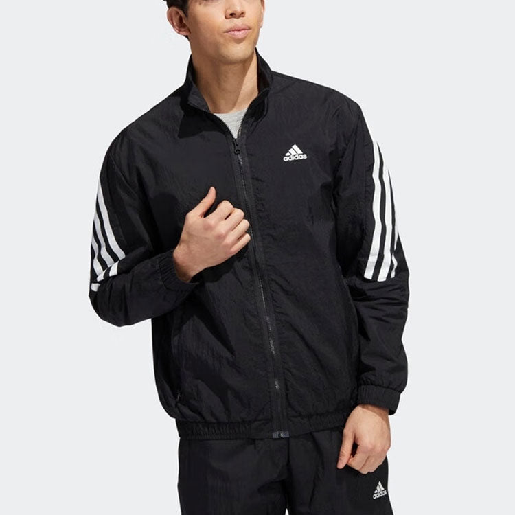 Men's adidas Side Classic Logo Printing Zipper Hooded Jacket Black HJ9944
