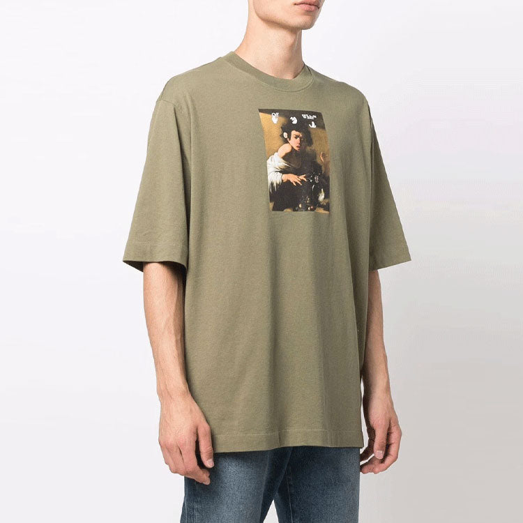 Men's Off-White Character Printing Round Neck Pullover Short Sleeve Loose Fit Green T-Shirt OMAA119F21JER0175584