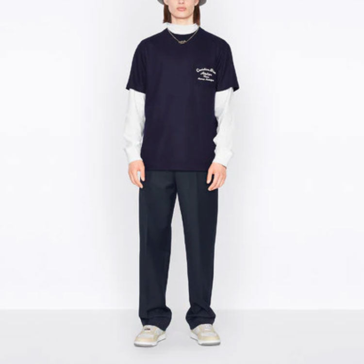 Men's DIOR SS22 Embroidered Plain Weave Knit Short Sleeve Navy Blue T-Shirt 213J637A0739-C583