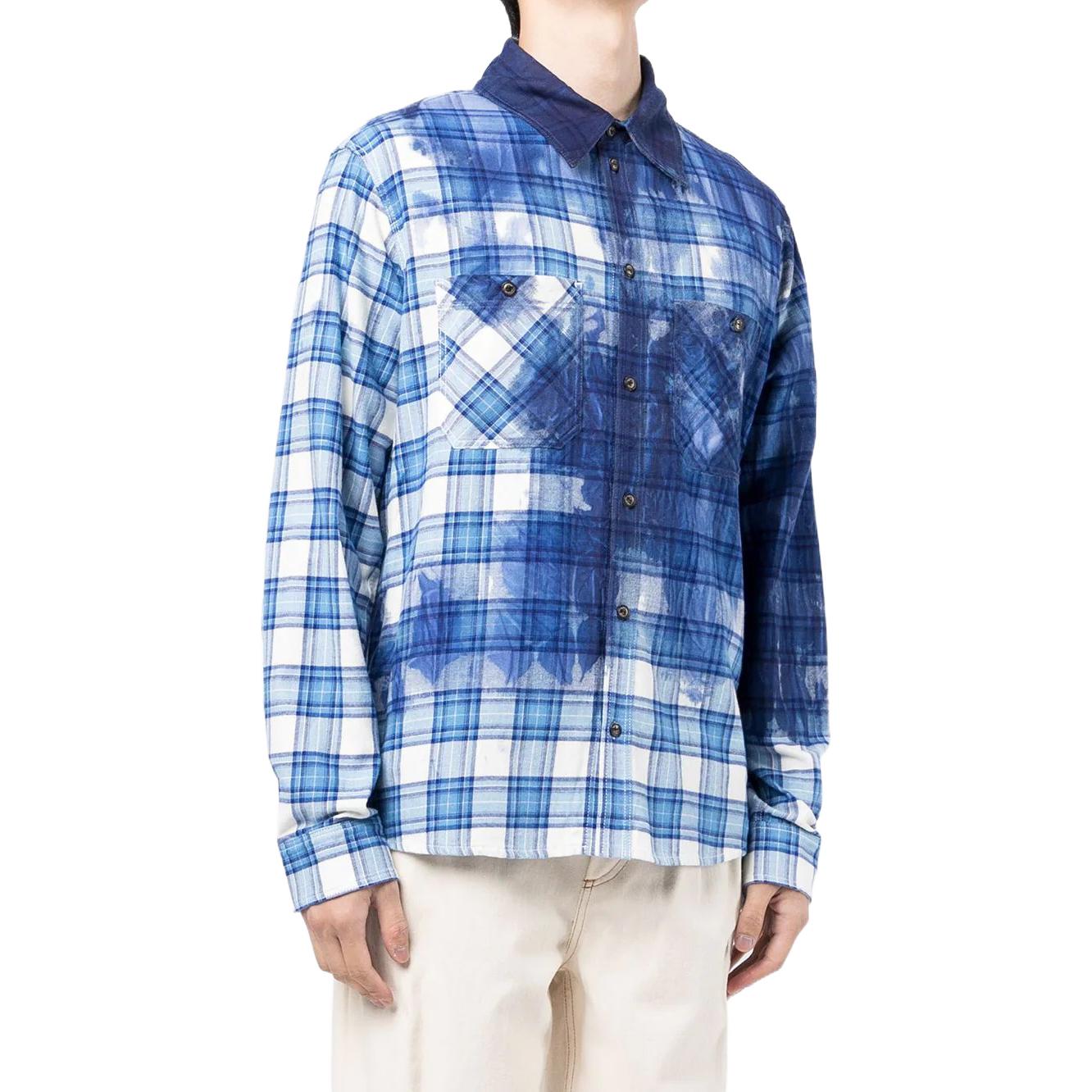 Men's Off-White FW22 Paint Splash Effect Plaid Long Sleeves Blue Shirt OMGA133G21FAB0010145