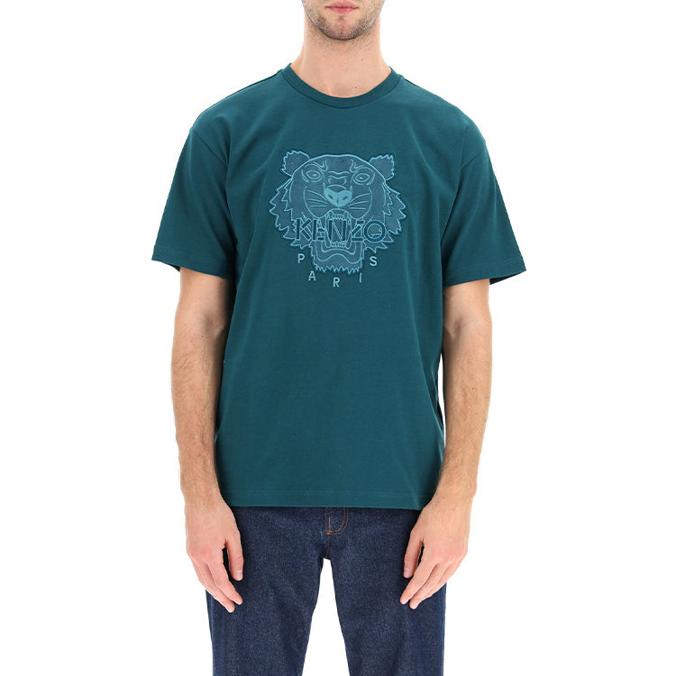 Men's KENZO Tiger Head Embroidered Cotton Loose Version Round Neck Short Sleeve Green FA65TS0654YI-73