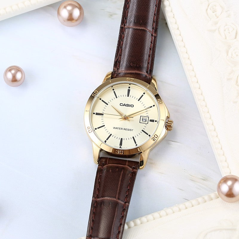 CASIO Vintage Waterproof Leather Band Gold/ Brown Analog LTP-V004GL-9A