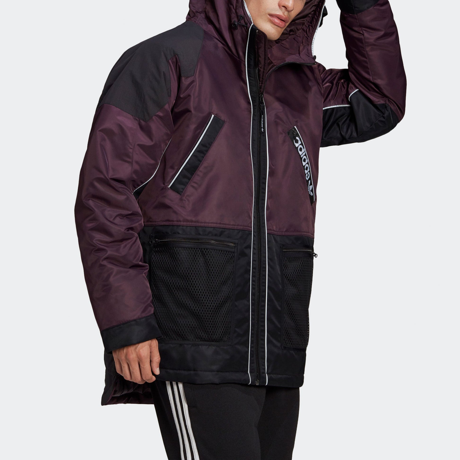 Men's adidas originals Colorblock Hooded Down Jacket Bright Pink Red Fluorescence GJ6740