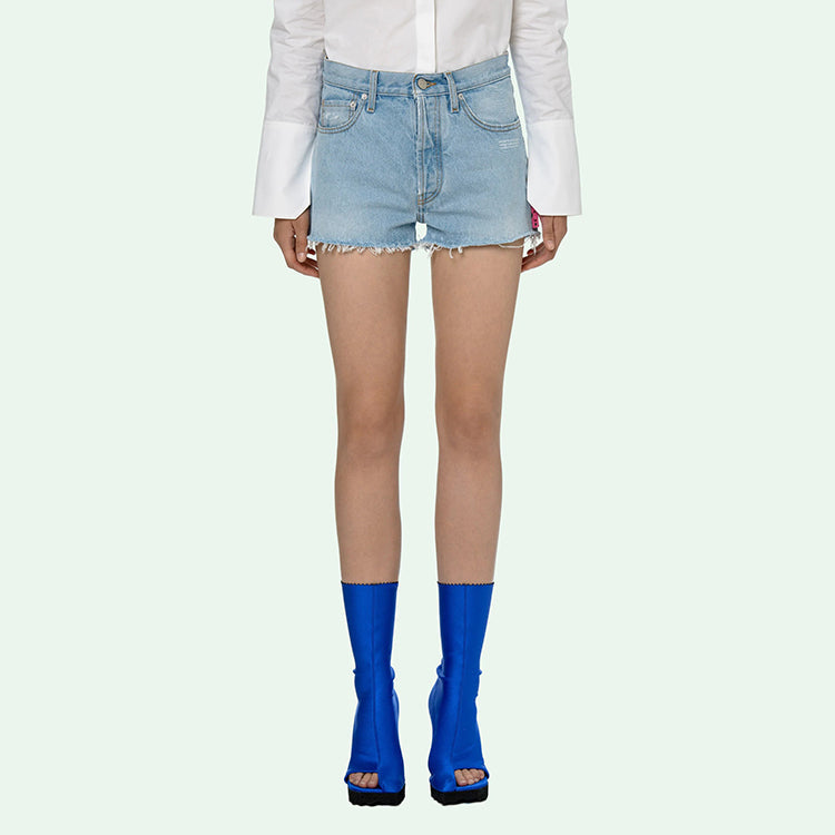 (WMNS) Off-White Logo Washed Denim Shorts Ordinary Version Blue OWYC002R21DEN0014000