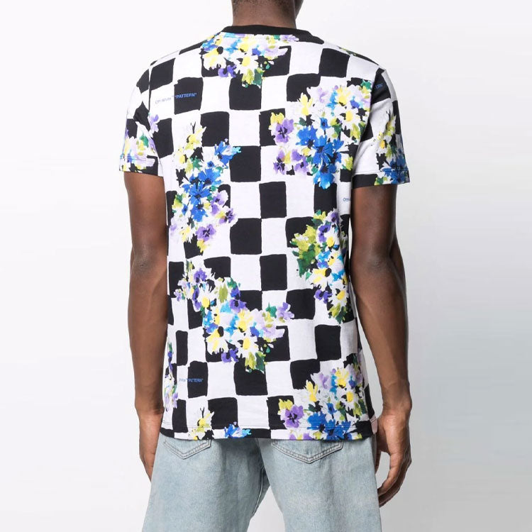 Off-White SS21 Cotton Flowers Plaid Short Sleeve Black White T-Shirt OMAA027S21JER0268400