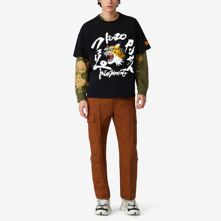 Men's KENZO x Kansai Yamamoto SS21 Crossover Pattern Printing Loose Short Sleeve Black FB55TS0724SK-99
