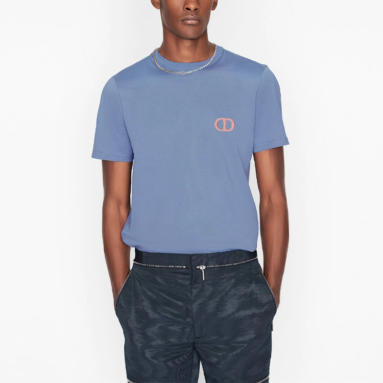 Men's DIOR SS21 Embroidered Logo Pattern Cotton Round Neck Short Sleeve Blue 013J600A0589-C584