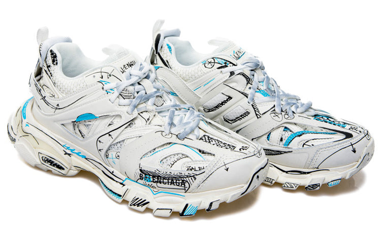 Balenciaga Track 1.0 Sneakers ' White Blue Mesh and Nylon Graffiti' 542023W3SRA9014