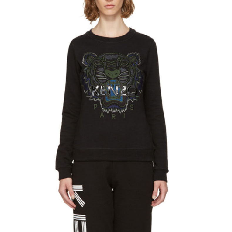 KENZO Cotton Embroidered Tiger Head Round Neck Long Sleeves Black F762SW7144XD-99